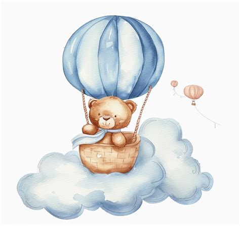 A Teddy Bear In Hot Air Balloon Clipart White Background Cute Nursery Art Premium AI Generated