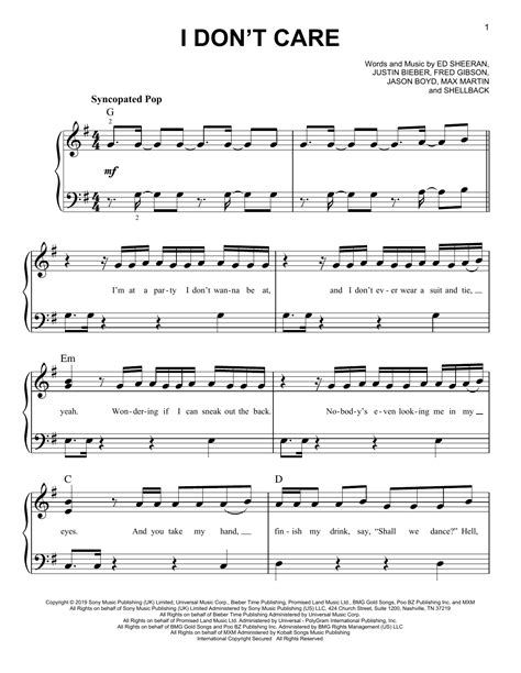 I Don T Care By Ed Sheeran Justin Bieber Sheet Music For Easy Piano