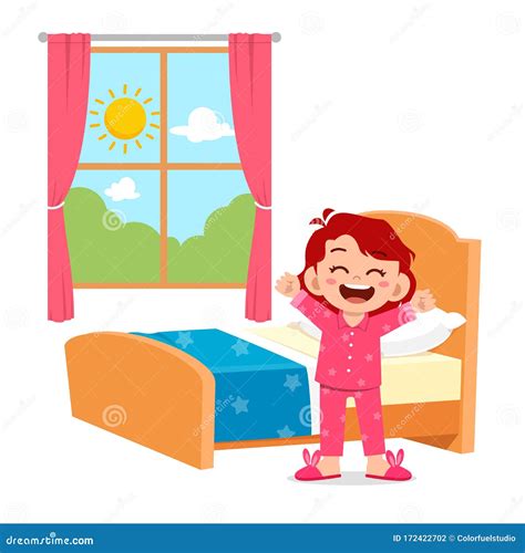 Happy Cute Little Kid Girl Wake Up In The Morning Stock Vector