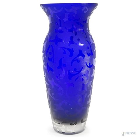 Vaso In Vetro Blu Cobalto Con Decori Satinati Cm H 36 XX Secolo