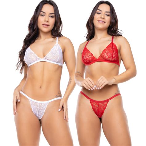 Kit Lingerie Sexy Conjunto Renda Mel Sensual Transparente Feminino Sem Bojo Dia Dos Namorados