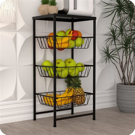 Tipos De Fruteiras Para Cozinha - Fruteira de Chão Para Cozinha 3 Andares Cesto Preta Plus