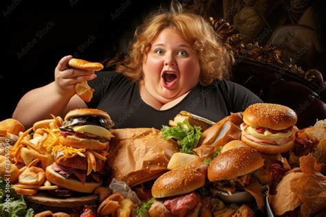 An Extreme Obese Woman Eating Junk Fast Food And Living A Sedentary