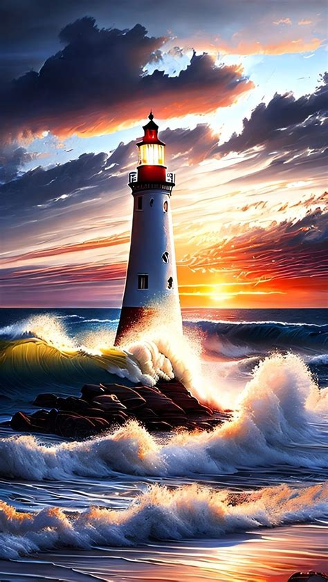 A Painting Of A Lighthouse In The Ocean With Waves Crashing Around It