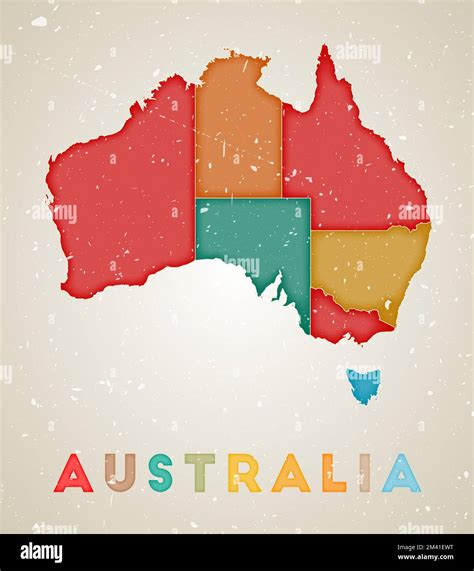 Australia Map Country Poster With Colored Regions Old Grunge Texture