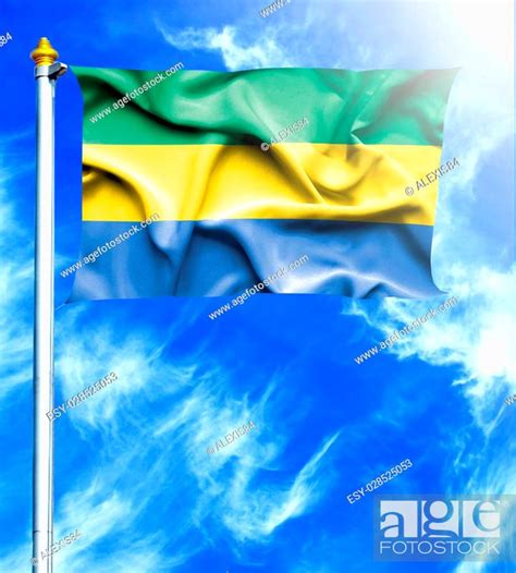 Blue Sky And Mast With Hanged Waving Flag Of Gabon Stock Photo