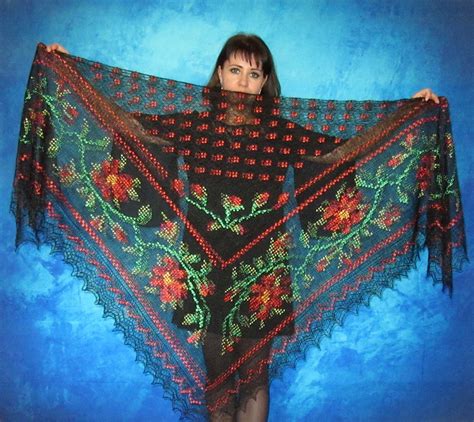 Black Embroidered Orenburg Russian Shawl Hand Knit Cover Up Inspire