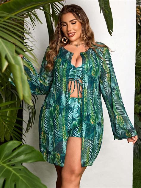Swim Vcay Conjunto de Maiô Bikini Estampado plus size Capa Tipo Kimono 3 peças Verão