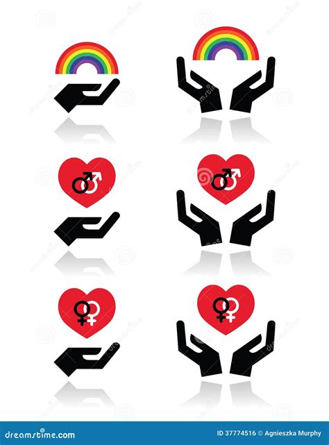 Simboli Gay E Della Lesbica Dell Arcobaleno Nel Cuore Con Le Mani Illustrazione Di Stock