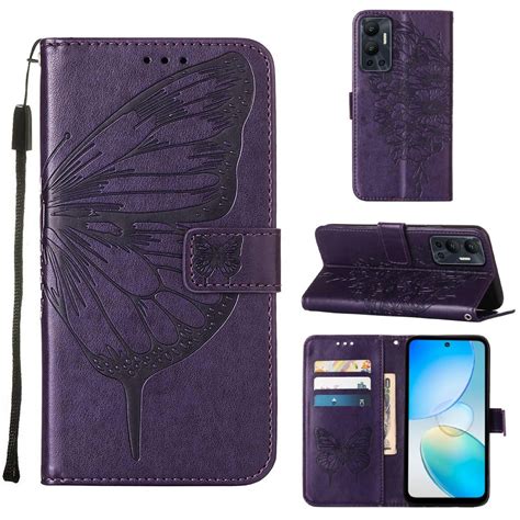 For Infinix Hot 12 X6817 Embossed Butterfly Flip Leather Phone Case Dark Purple Alexnld