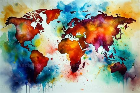 World Map Continents With Bright Watercolor Ai Generated