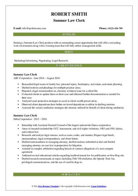 Summer Law Clerk Resume Samples Qwikresume