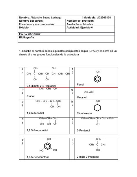 Ejercicio 6 De La Materia El Carbono Y Sus Compuestos Nombre