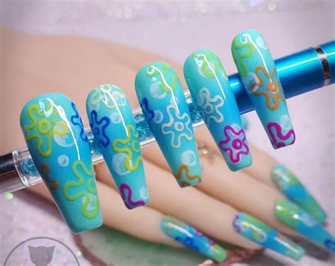 Bikini Bottom Underwater Flower Skies Custom Press On Nails Glue On
