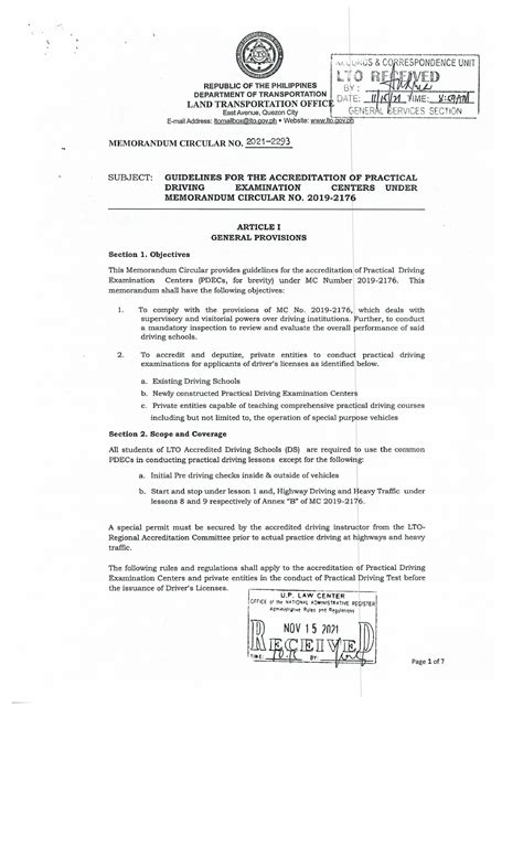 PDEC MC 2021-2293 Guidelines for Practical Driving Exam Centers - Studocu