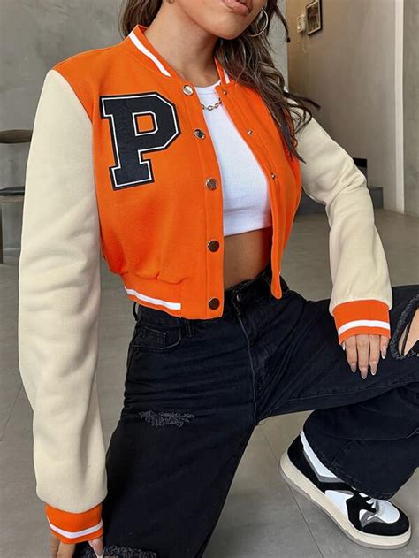 Shein Coolane Letter Patched Color Block Crop Varsity Jacket Shein
