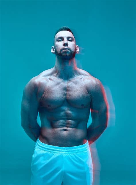 Sportive Guy Bodybuilder Showing Naked Muscular Torso Abdominal And