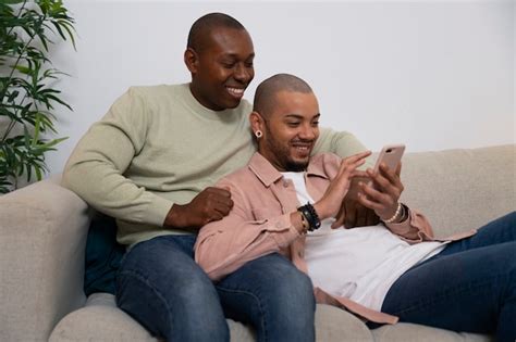 Free Photo Front View Gay Couple Spending Time Indoors
