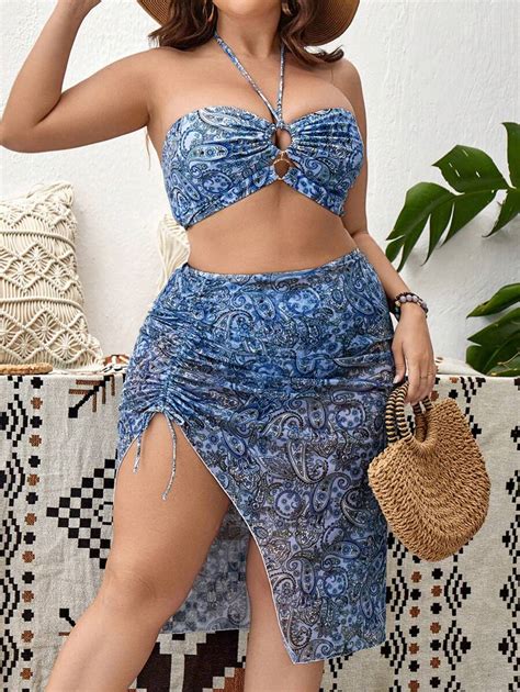 Swim Vcay Summer Beach Plus Size Paisley Print Halter Bikini Set With Beach Skirt Shein Usa