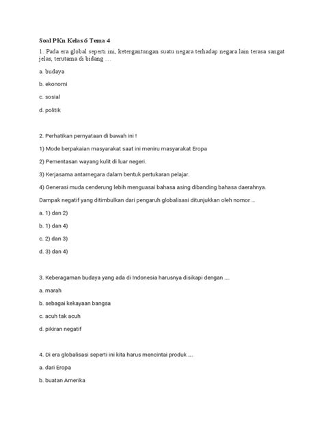 Soal Pkn Kelas 6 Tema 4 Pdf