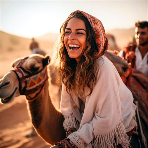 Tourists Riding Camels Smiling Premium Ai Generated Image