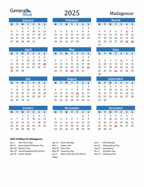 2025 Madagascar Calendar with Holidays