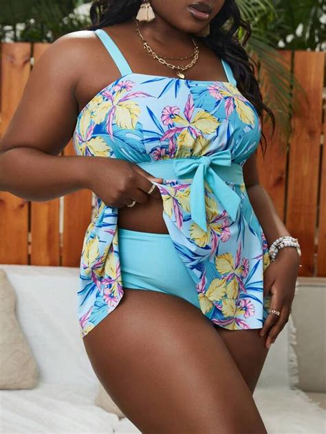 Plus Floral Print Knot Front Bikini Swimsuit Shein Usa