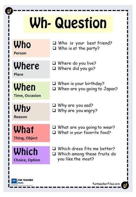 Questions With Wh Words - Wh- Question Words Chart - Fun Teacher Files