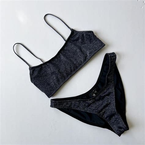 Triangl Navy Blue Sparkly Bikini Set Scoop Neck Cut Depop