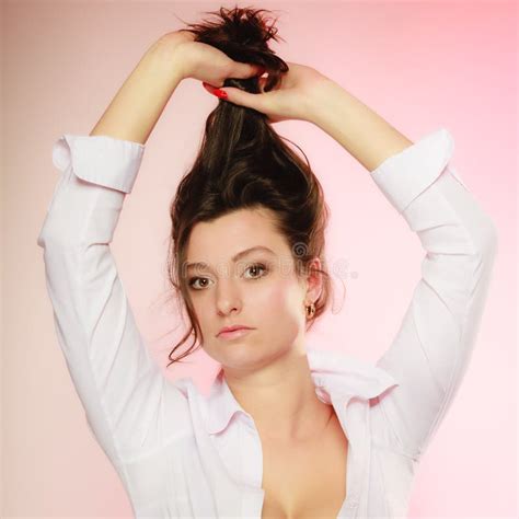 Portrait Of Brunette Girl Long Hair On Pink Stock Image Image Of Fashionable Portrait 53080071