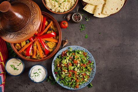 Moroccan Food Traditional Tajine Dishes Couscous And Fresh Salad