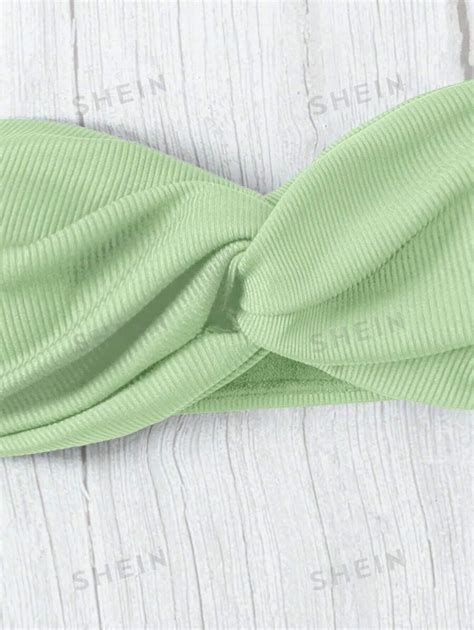 SHEIN Swim Parte Superior Del Bikini Bandeau Unicolor Con Nudo Delante Para Mujer Adecuada Para