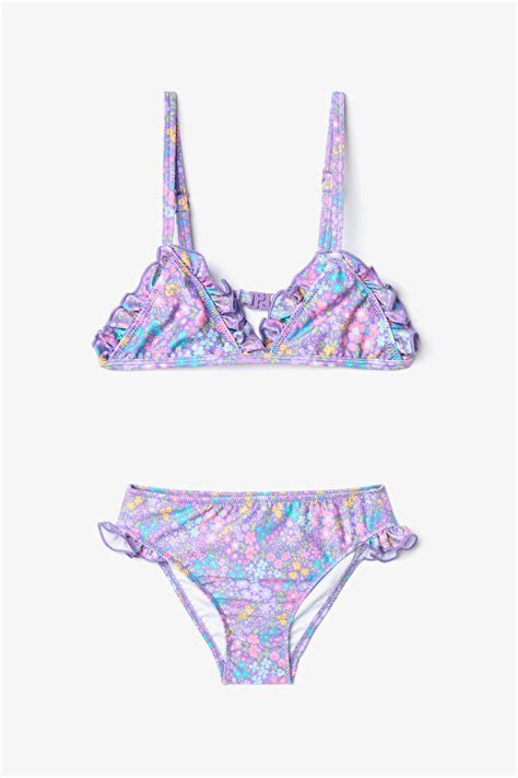 Kız Çocuk Pretty Flowers Çiçekli Fırfırlı Üçgen Bikini Takımı PLFBPGZL IY MIX Çok Renkli Penti