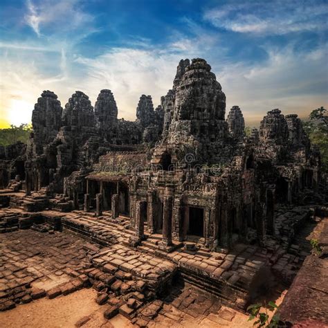 Amazing View Of Bayon Temple At Sunset Angkor Wat Cambodia Stock