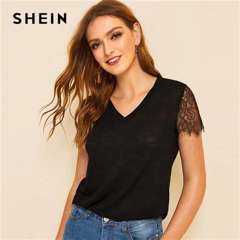 Shein Casual Black Or White Eyelash Lace Trim Slub Knit Top T Shirt