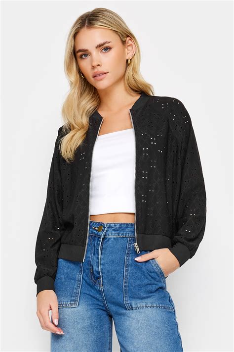 Pixiegirl Petite Womens Black Broderie Anglaise Jersey Bomber Jacket