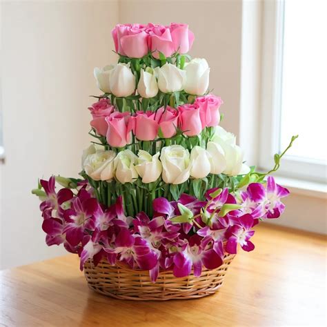 basket  white pink roses purple orchids