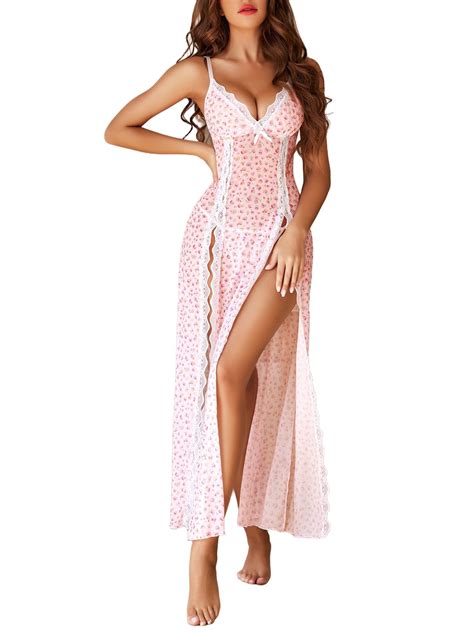 Sexyfree Lingerie For Women Side Split Chemise Sexy Nightdress Deep V Neck Nightwear Long