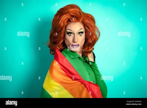 Happy Drag Queen Celebrating Gay Pride Holding Rainbow Flag LGBTQ Social Community Concept