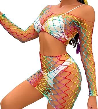 Amazon QuneusHot Women Colorful Crop Top Highwaist Pant Set Fishnet Lingerie Set Rave