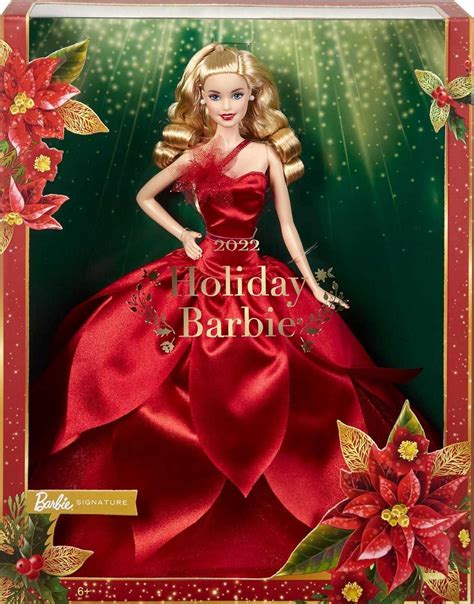Barbie Signature Holiday Doll Blonde Wavy Hair Wearing Red Poinsettia Inspired Gown