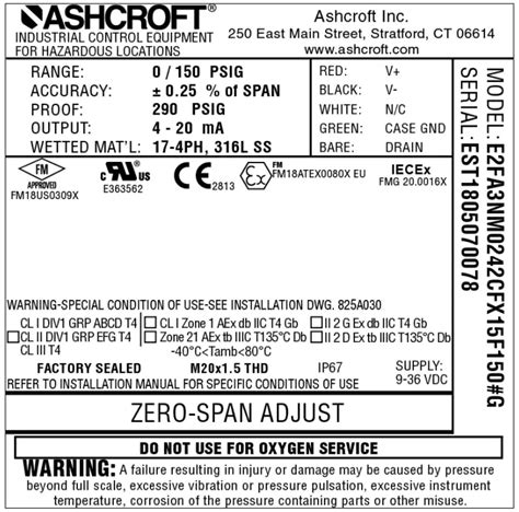 Ashcroft E2f Explosion Proof Flameproof Pressure Transducer Instruction Manual