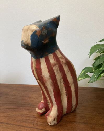 Hand Carved Wooden Cat Sculpture SD Meadows Folk Art 1990 Palestine IL