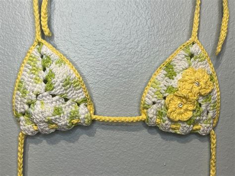 Handmade Crochet Floral Bikini Festival Top Size Sm S Vibes Yellow White Green Etsy