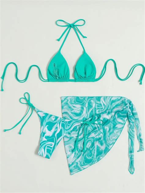 SHEIN Swim Vcay Conjunto de bikini de malla con estampado de mármol Top sujetador triángulo