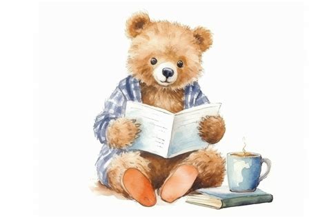 Watercolor Teddy Bear Reading a Book Graphic by Actart Designs ...