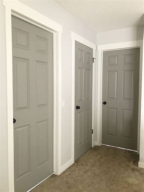 Three Doors In A Room With Carpeted Flooring And Two Walls Painted