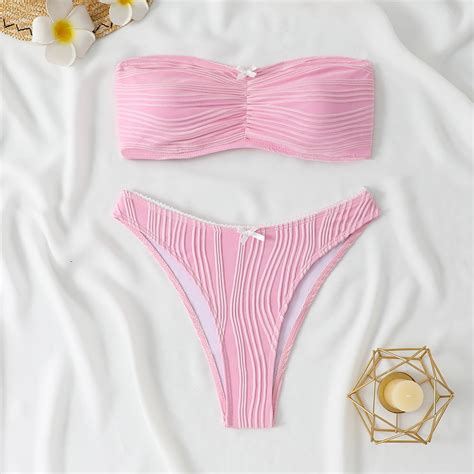 Generic New Pure Color Tube Top Bikini Sexy Split Swimsuit Set Women S Bikini Swimsuit