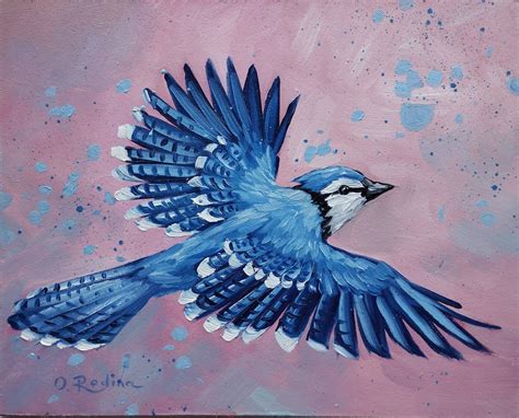 Blue Jay In Flight Oil Painting Original On Canvas Blue Jay Bird