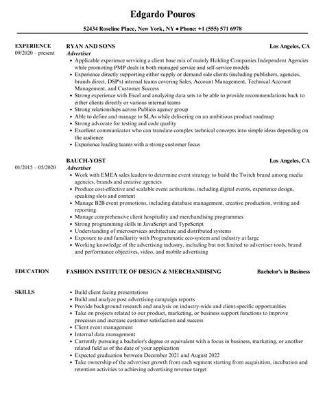 Advertiser Resume Samples | Velvet Jobs